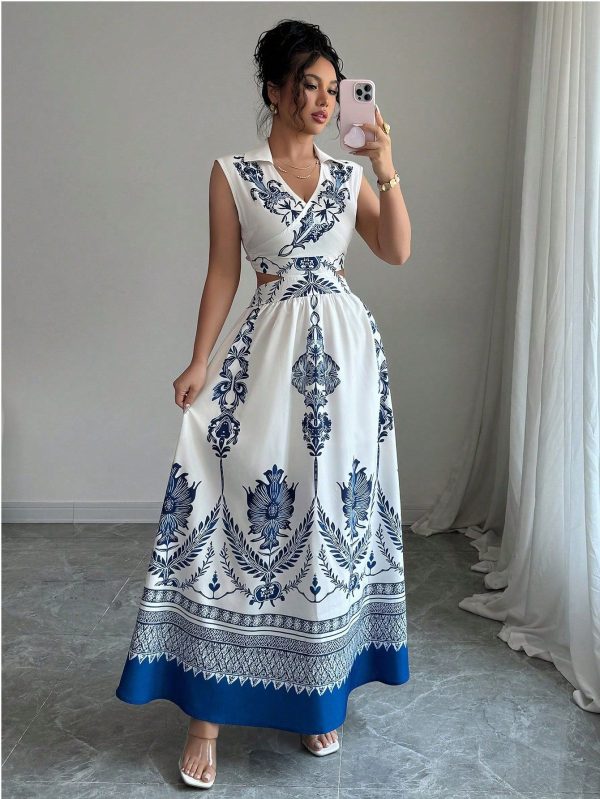 Women's Blue Floral Cinched Waist Waist Elegant Ruffle Collar Casual Dress, Vacation Style