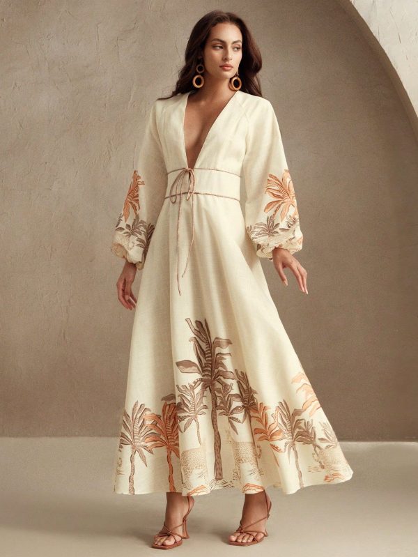 Women's Tropical Plant Print Casual Vacation Beach Boho Dress, Spring/Summer