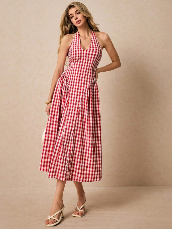 Red And White Checked Dress,Summer Women Dresses,Sundress,Graduation Dress,Halter Dress,Beach Women Outfits,Festival Outfits,Women Long Dresses,Easter Women Dress, Poeselle
