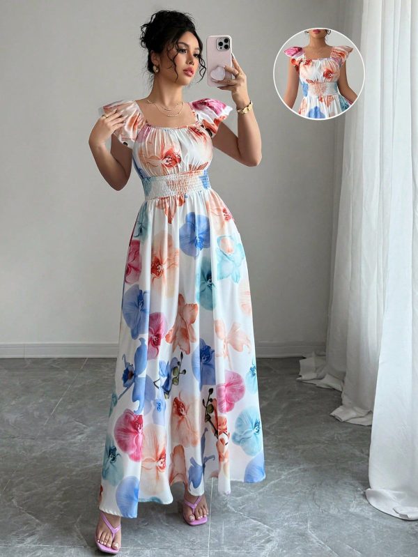 Women's French Romantic Cinched Waist Cap Sleeve Maxi Dress, Spring & Summer