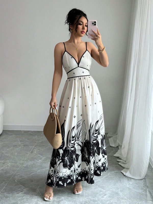 Romantic French Countryside Floral Print Spaghetti Strap Casual Midi Dress