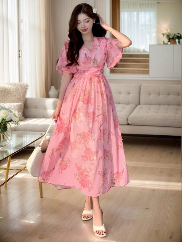 Beach Resort Ditsy Floral V-Neck Waist Ruched Chiffon Mid-Calf Dress For Women Summer Sundress
