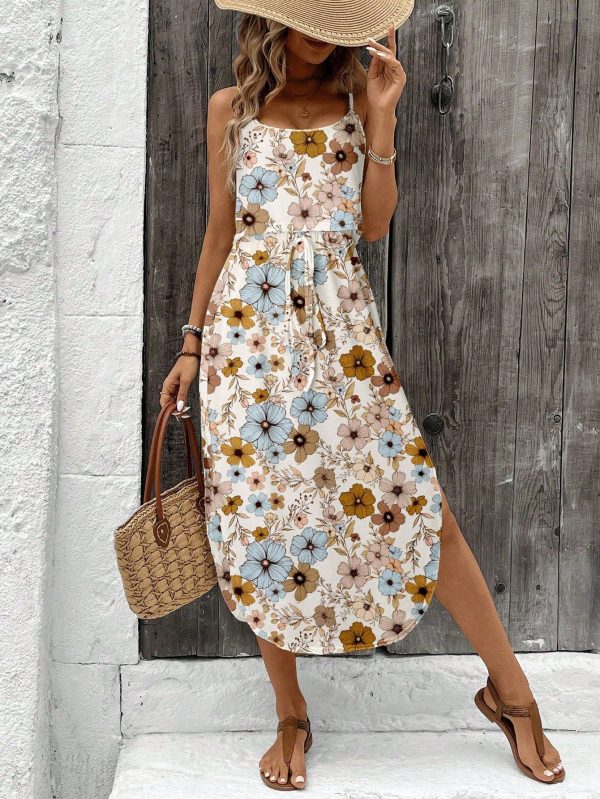 Women's Summer Tie-Dye Waisted Split Hem Slip Dress, Skin-Friendly, Suitable For Summer