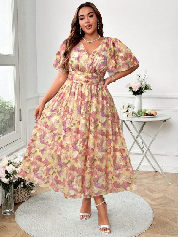 Plus Size Women Floral Print V-Neck Ruffle Short Sleeve Elegant Mini Dress
