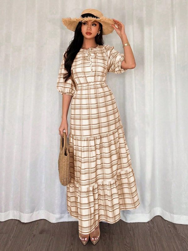 Women's Spring/Summer Casual Elegant Colorful Plaid Ruffled Collar Tie Front Mid-Length Fitted Dress, Round Neck, Lantern Sleeve, One-Piece Long Dress, Suitable For Daily Wear, Travel, Music Festivals, Country Style