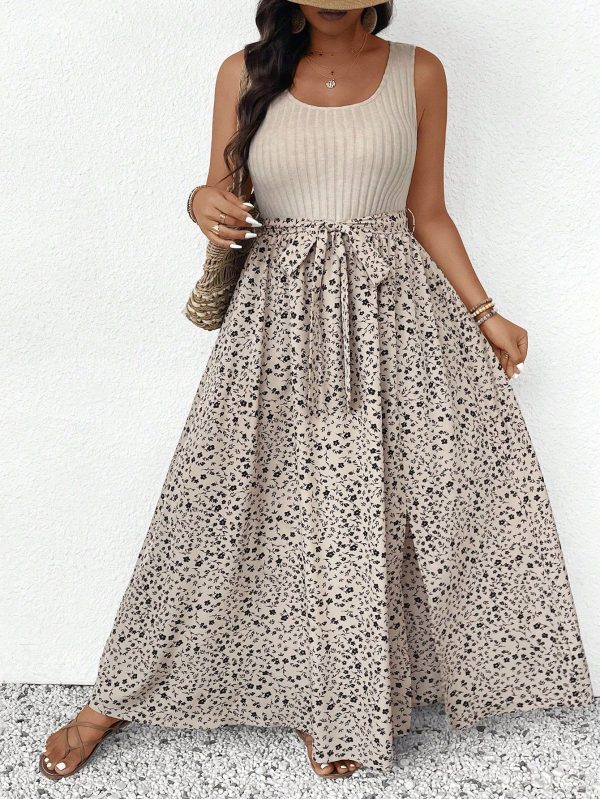 Plus Size Summer Casual Floral Patchwork Long A-Line Dress, Vacation Style
