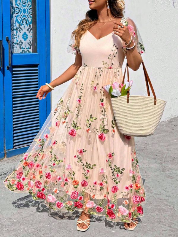 Plus Size Women Floral Mesh Ruffle Sleeve Elegant Vacation Dress Romantic Sundresses For Vacation Brunch Outfits For Women Tea Party Dress Embroidery Vintage Lace Dress