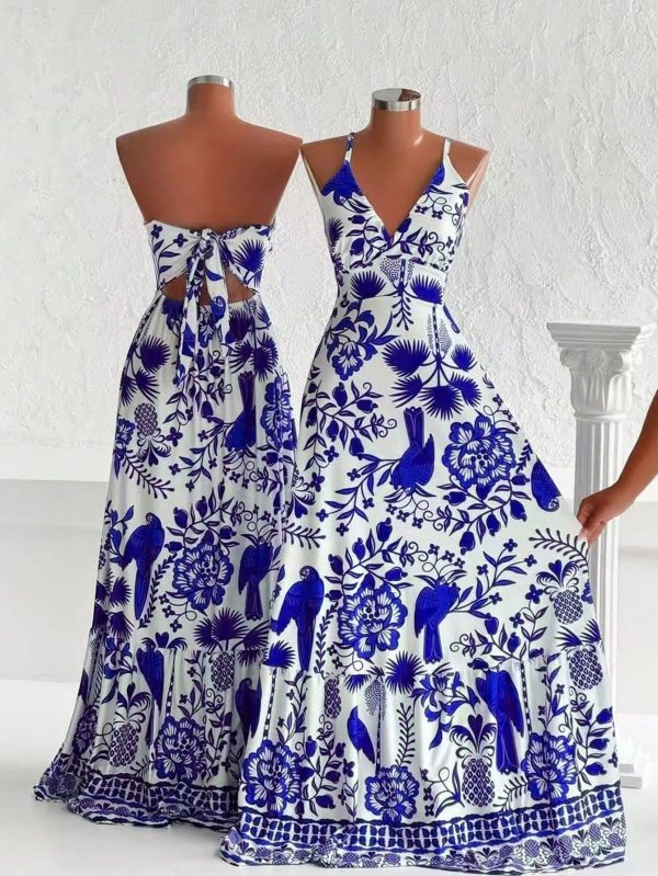 Boho Floral V-Neck Dress, Elegant For Outings, Vacations, Everyday Wear, Sleeveless, Spring/Summer