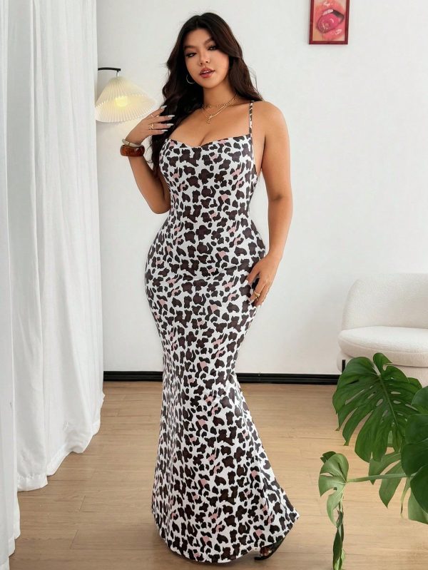 Plus Size Leopard Print Slip Dress, Elegant Fashion Summer Dress