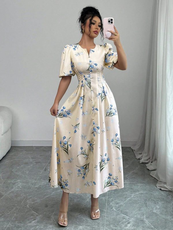 Women's Floral Printed Puff Short Sleeve Dress Maxi Women Outfit