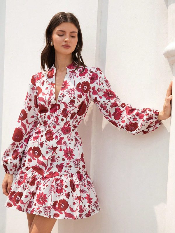 Floral Print Lantern Sleeve Ruffle Hem Dress Vacation Outfits Woman