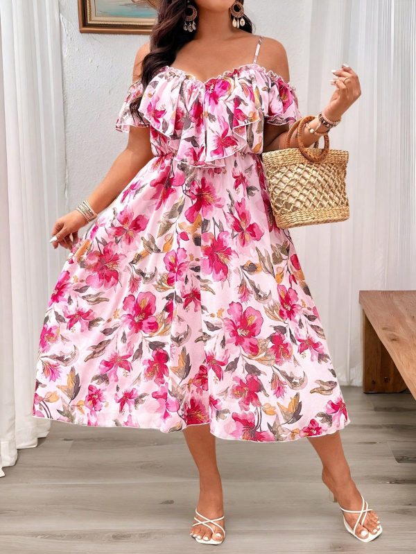 Plus Size Women Ditsy Floral Cinched Waist Spaghetti Strap Romantic Dress, Fashionable Elegant Casual Chic Spring Dress, Easter Dress, Beach Wear