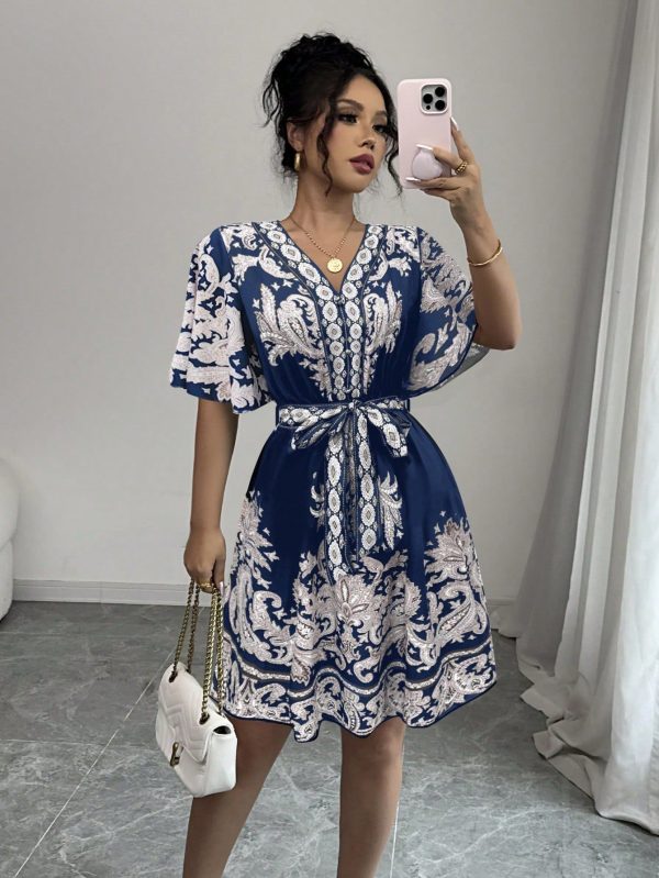 Women's Floral Print A-Line Dress, Short Sleeve Holiday Dress
