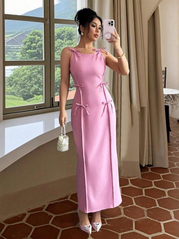 Elegant And Everyday Tie-Waist Pink Bowknot Slip Dress, Slimming, French Style Fitted Mini Formal Dress