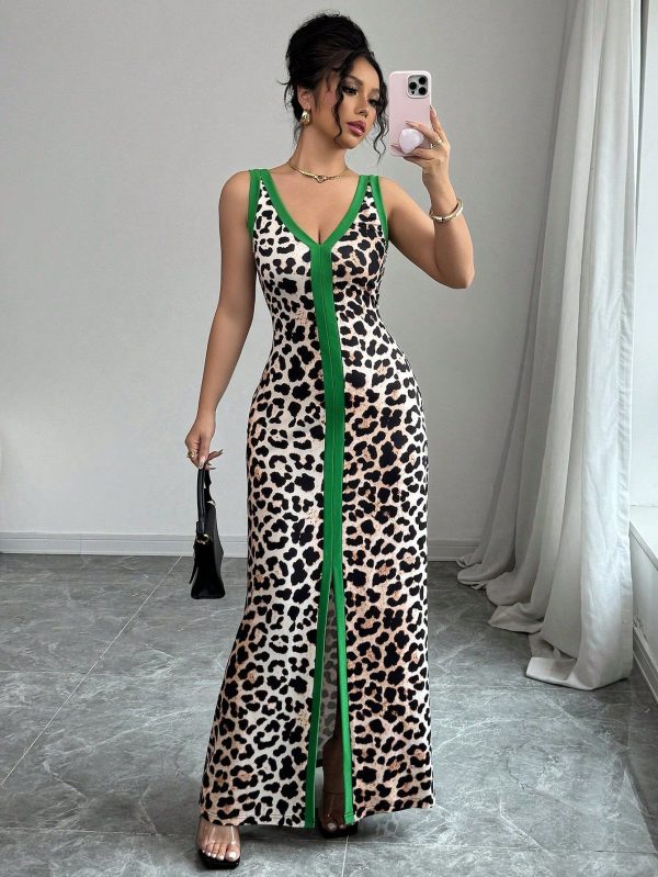 Women's Sleeveless Leopard Print Split Front Dress, Sexy V-Neck Low Cut Fitted Full Length Gown With Symmetrical Collar