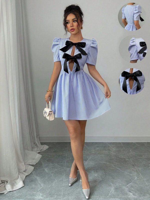 Fashionable & Elegant Versatile Bow Decor Contrast Color Hollow Out Puff Sleeve Cinched Waist Flare Dress