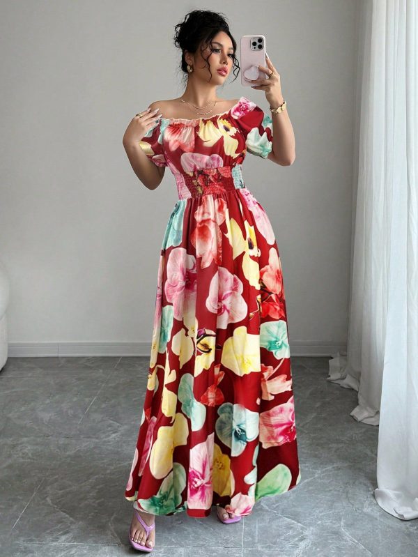 French Elegant Square Collar, Lantern Sleeve, Waist Tie, Floral Print,Flared Hem Ruffled Hem Dress, Boho Holiday Dress