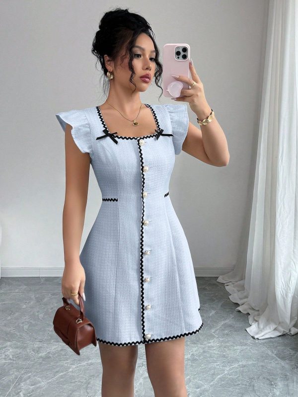 Women's Bow Decor Elegant Contrast Color Strap Mini Dress