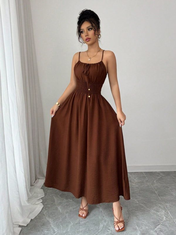 Women's Casual Coffee Color Comfortable Linen-Like Front Bowknot Waist Drawstring Loose Slip Dress, Spring/Summer