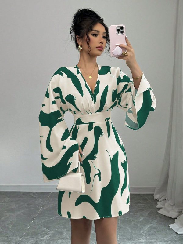 Shirred Long Sleeve Cinched Waist & Gathered Back Floral Print Elegant Casual Vacation Dress For Women
