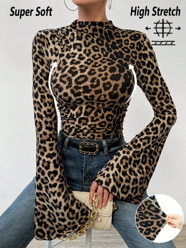 Half-High Collar Sexy Leopard Printed Tight T-Shirt Graphic Cheetah Print Tees Women Tops