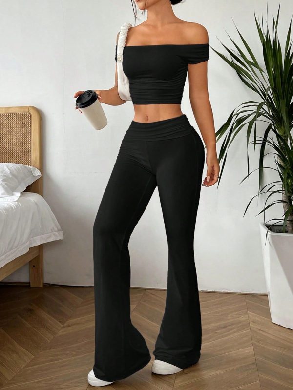 Women Summer Solid Color Off Shoulder Short Sleeve Wrinkled Cropped Slim Fit Top And Flared Pants Casual Two-Piece Set