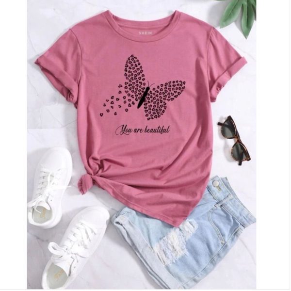 Shein Tops | Butterfly And Slogan Print Tee | Color: Pink | Size: Various