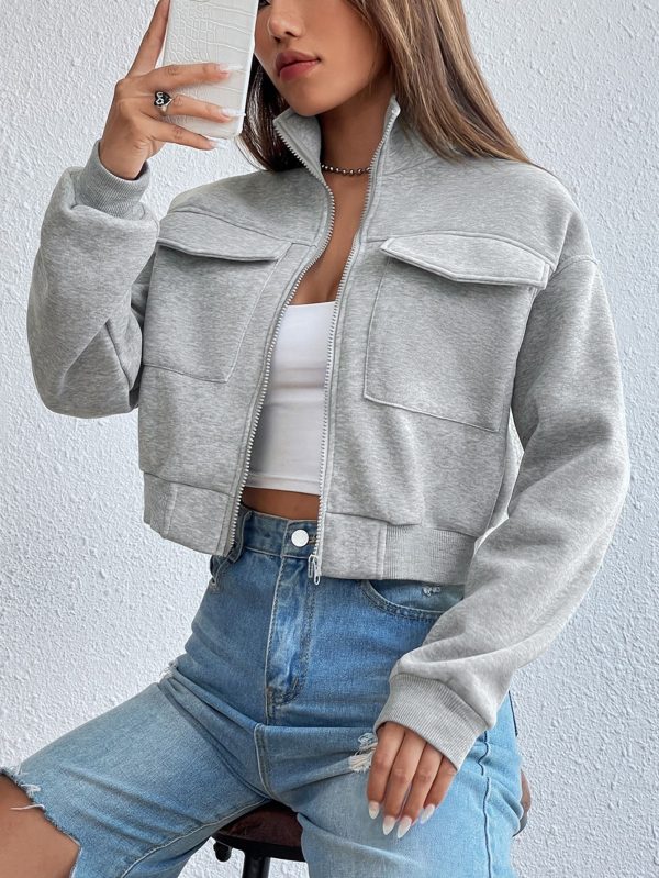 Solid Zip Up Drop Shoulder Sweatshirt,Long Sleeve Tops