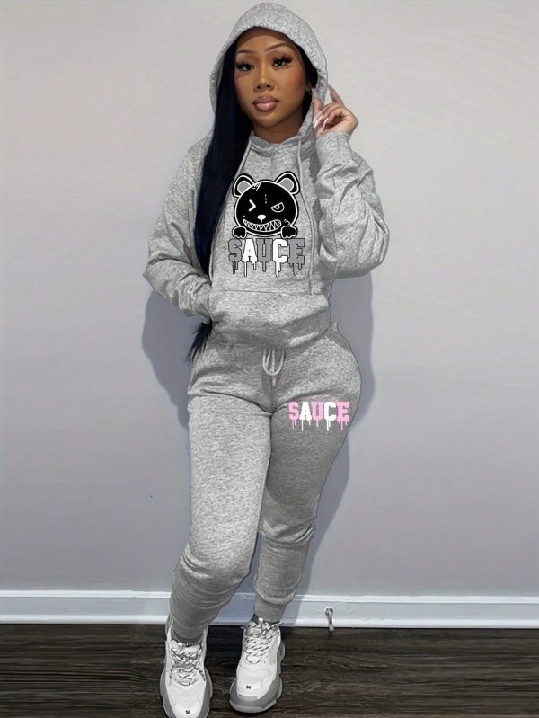 2PC Two-Piece Bear Head Hooded Sweatshirt Set, Knitted Women's Suit - Soft Solid Color, Round Neck, Hooded, Long Sleeve, Pocket Detail, Tie Waist, All-Match Letter Print, Casual Chic, Autumn Winter Essential.