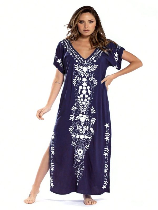 Women's Short Sleeve Long Side Split Cover Up Human Cotton Embroidered Beach Robe Holiday Beach Cover Ups