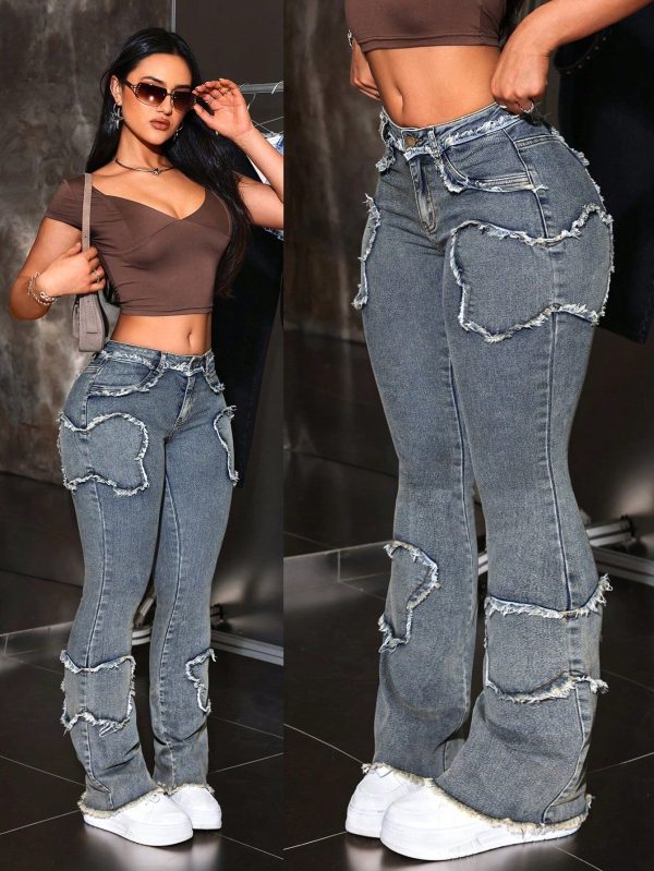 Women's Fashionable Frayed Trim Slim Flared Jeans,Ladies Casual Pocket,Raw Hem,Zipper Drop Waist Flare Leg Extra Long Blue Cotton Curvy Skinny Women Jeans,Spring/Fall,Casual Daily Wear