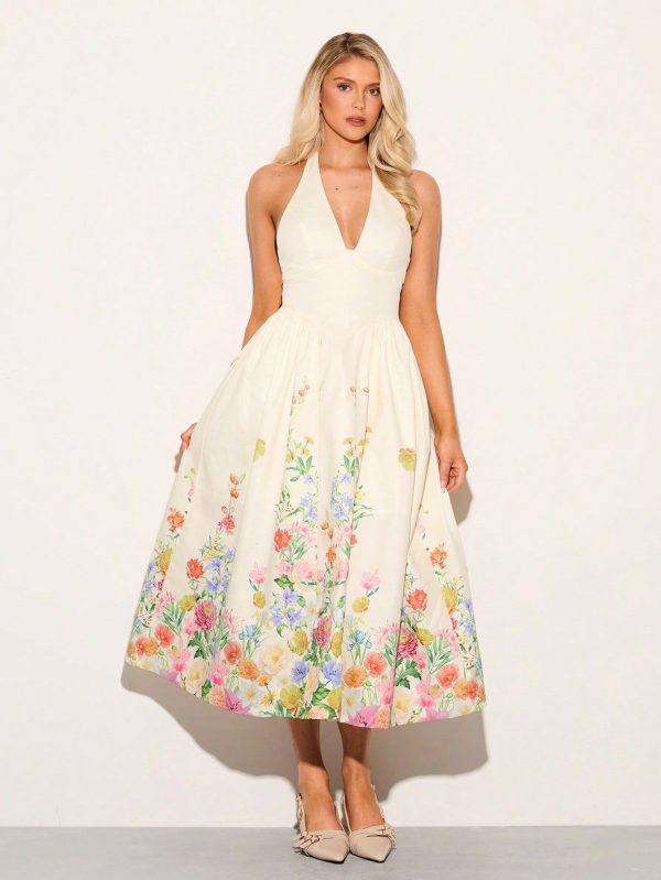 Women Neck Tie Marigold Printed Long Dress Woman Halter Dress White Dresses For Women Women Mini Dresses Western Dresses For Women Women Long Sleeve Dress Women Easter Dress