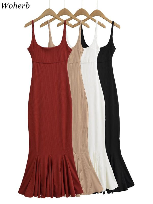 Korean Chic Summer Dresses for Women Solid Sling Robe Femme Temperament Tunic Bodycon Maxi Fishtail