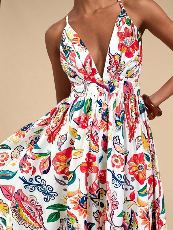 Women Vacation Woven Print Slip Dress With Maxi Flared Skirt,Summer Outfits For Women,Beachwear,Easter,Beach Outfits For Woman,Spring Break,Vacation Outfits Women,Concert Outfit Women,BOHO,Bohemia,Music Festival,Tropical Vacation Woman Clothes