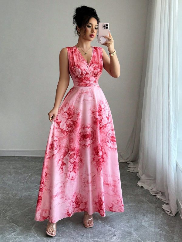New Women Shirred Sleeveless Woven Floral Print Dress With Waist Gathers, Figure-Flattering Elegant Occasion Dress For Dates & Vacation