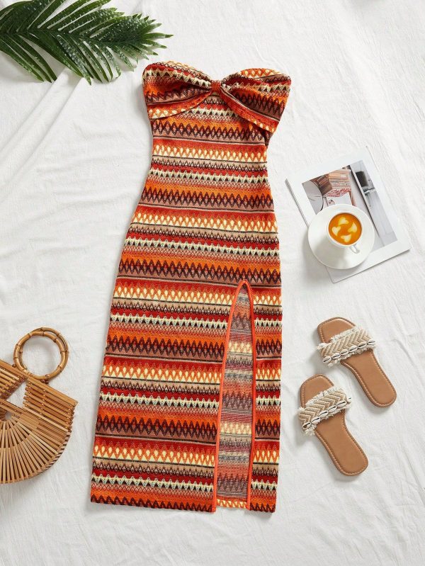 Vacation Colorful Striped Slit Halter Long Dress For Women,Vacation Outfits Women