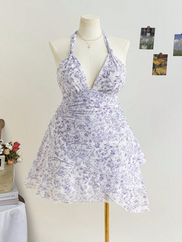 Plus Size Women Floral Print Halter Tie Back Asymmetrical Hem Backless Bodycon Mini Dress, Suitable For Vacation, Graduation Season, Back To School, Fall