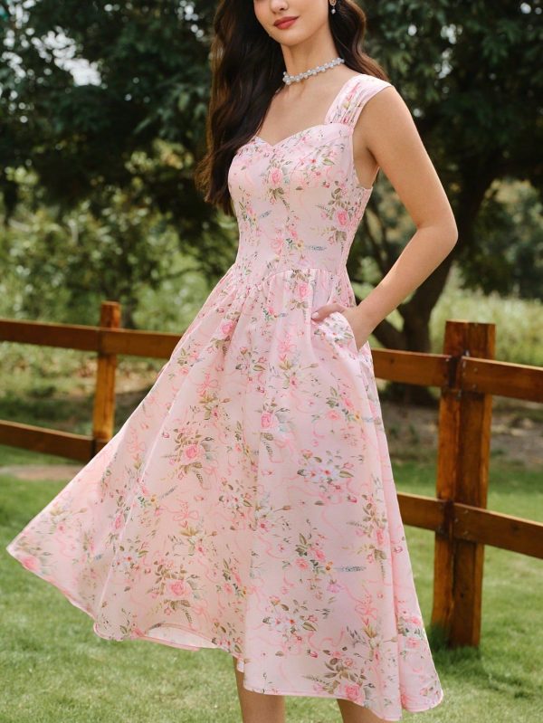 Retro Elegant Women Floral Print Relaxed Fit Swing Dress, Loose Fit With Wide Straps, Pink Umbrella Hem Summer Sun Dress Mother Day Outfit Mother Day Dress Summer Dress Graduation Dress Sun Dresses For Women Wedding Guest Dress Women Vacation Outfits Women Birthday Dresses For Women Floral Dress Women Festival Outfits For Women Teacher Outfits For Women