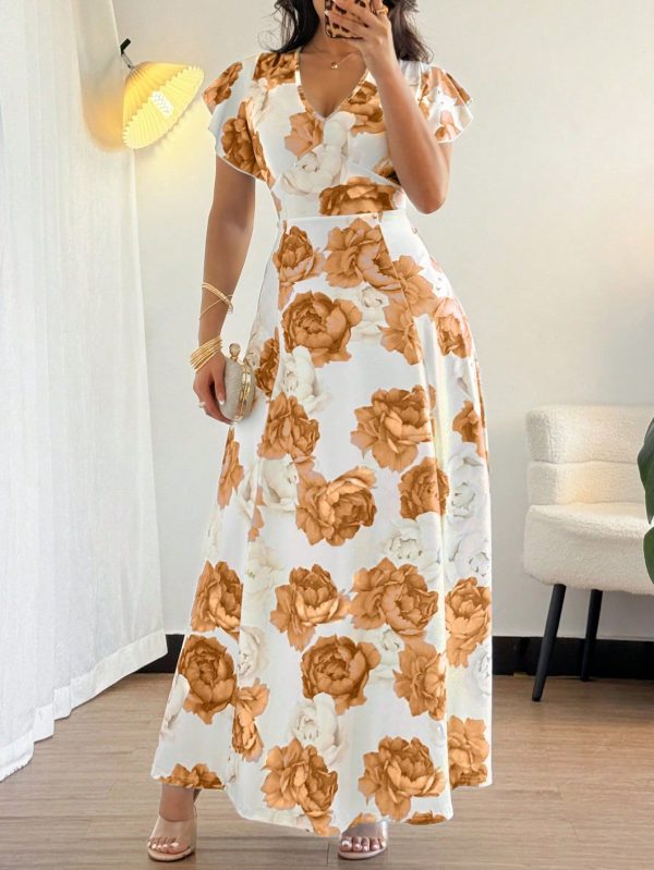 Plus Size Women's Floral Print Ruffle V Neck Maxi Dress , Spring & Summer