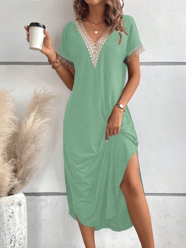 Guipure Lace Panel Split Thigh Tee Dress Maxi Women Outfit