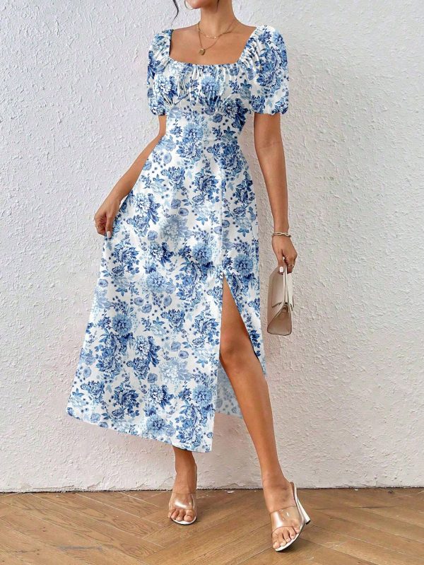 Women's Holiday Floral Print Puff Sleeve Side Slit Dress