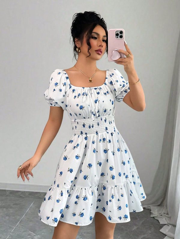Women Floral Short Midi Dress Beach Ruched Ruffle Tie Printed Dress