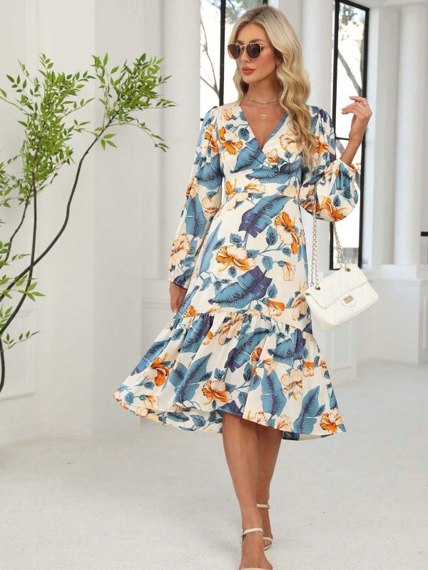 Women's V-Neck Lantern Sleeve Tropical Plants Printed Ruffle Hem Vacation Dress