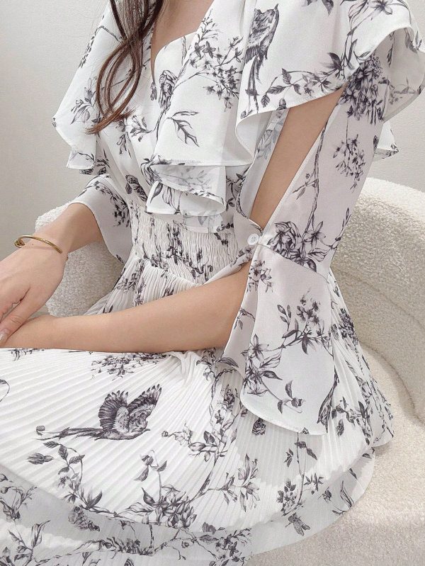 Women's Long Flower Print Dress, Ruffled Hem Summer Holiday Vacation Outfit Sundress