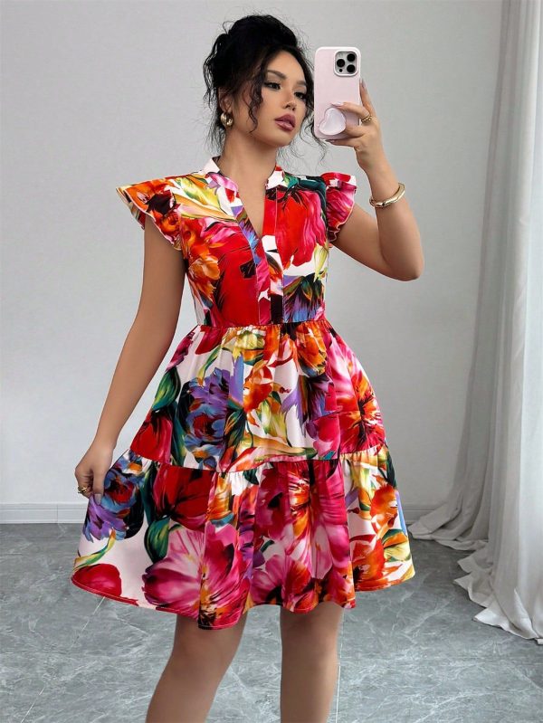 Vacation Casual Floral All Over Print Cap Sleeve Dress