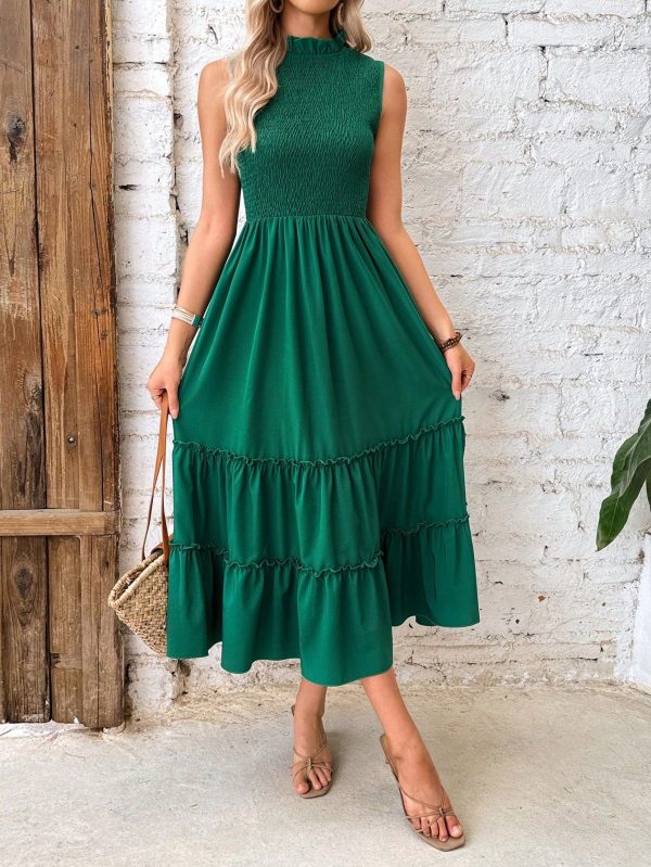 Summer Elastic Waist Fitted Ruffle Trim Round Neck Peplum Solid Color Dress, Drawstring Ruffle Hem Casual Dress, Vacation Ruffle Hem Long Tank Dress, Vacation Dress