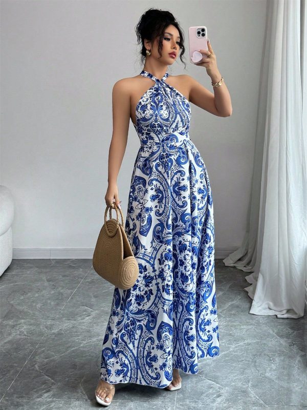 Women's Holiday Casual All-Over Print Backless Halter Dress