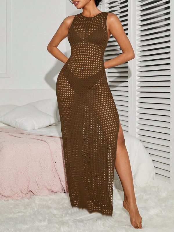 Women's Solid Color Crew Neck Sleeveless Side Slit Cover-Up Dress, Ideal For Vacation
