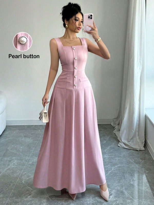 Women's Summer Elegant Romantic Fashion Commuter Sexy Elegant Square Neck Pink Long Sleeve Pleated Waist High-End Dress, Spring & Summer Women Outfit,Pink ,Mommy, For Summer Outfits, Festival Outfits, Elegant Tops, Wedding Guest Dress, Church Clothes,Vacation Outfits Woman Wedding Guest Dress Women White Graduation Dress/Prom Dress Brunch Outfits, Boho, Fairy Style Dresses