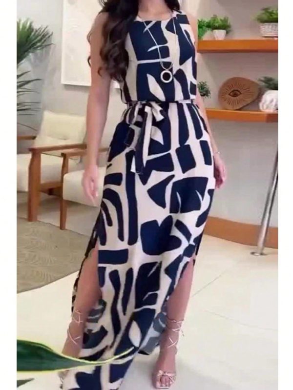 Women Elegant Round Collar Back Slit Belted Dress